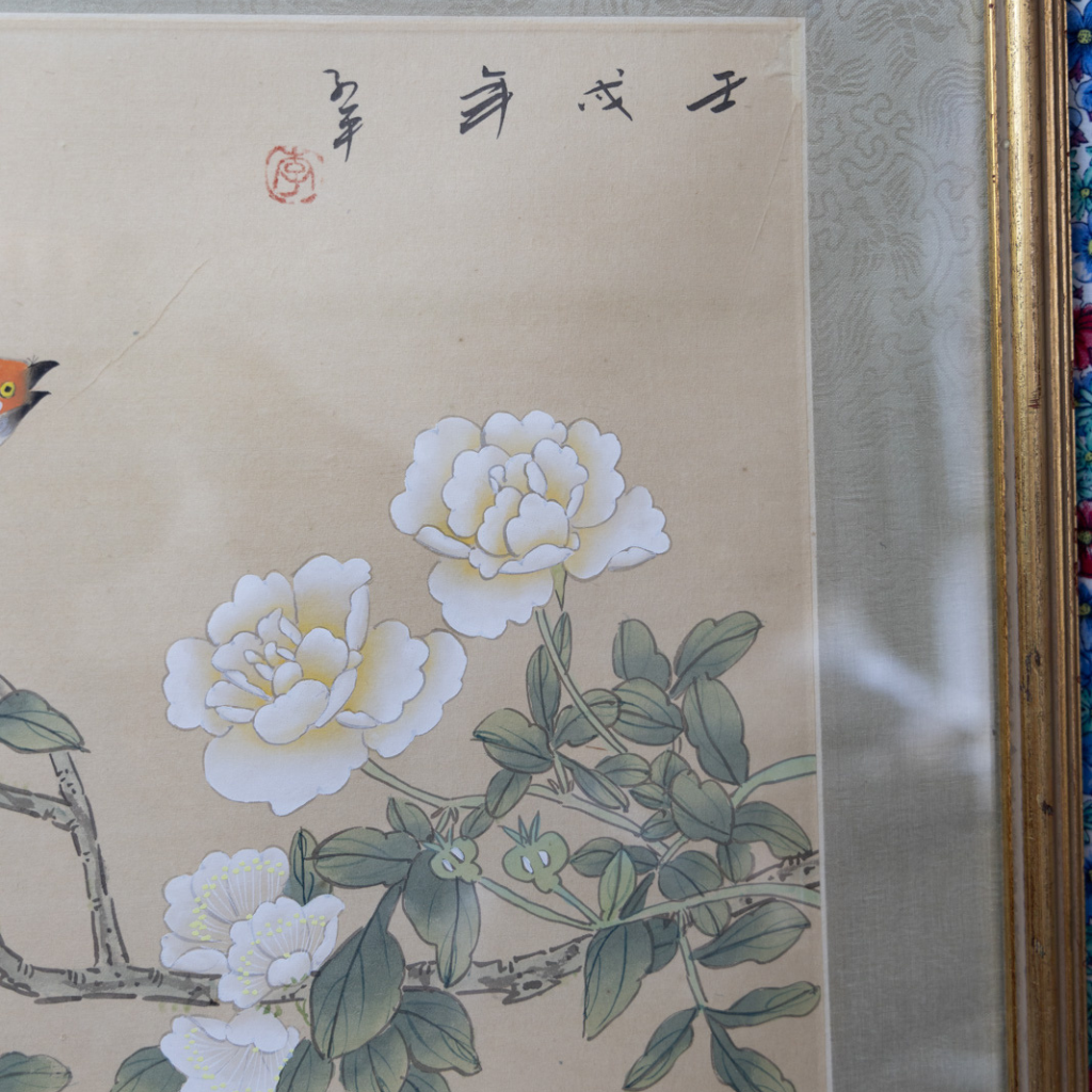 Vintage Japanese Sparrow Painting: Hand-Painted Oriental Artwork