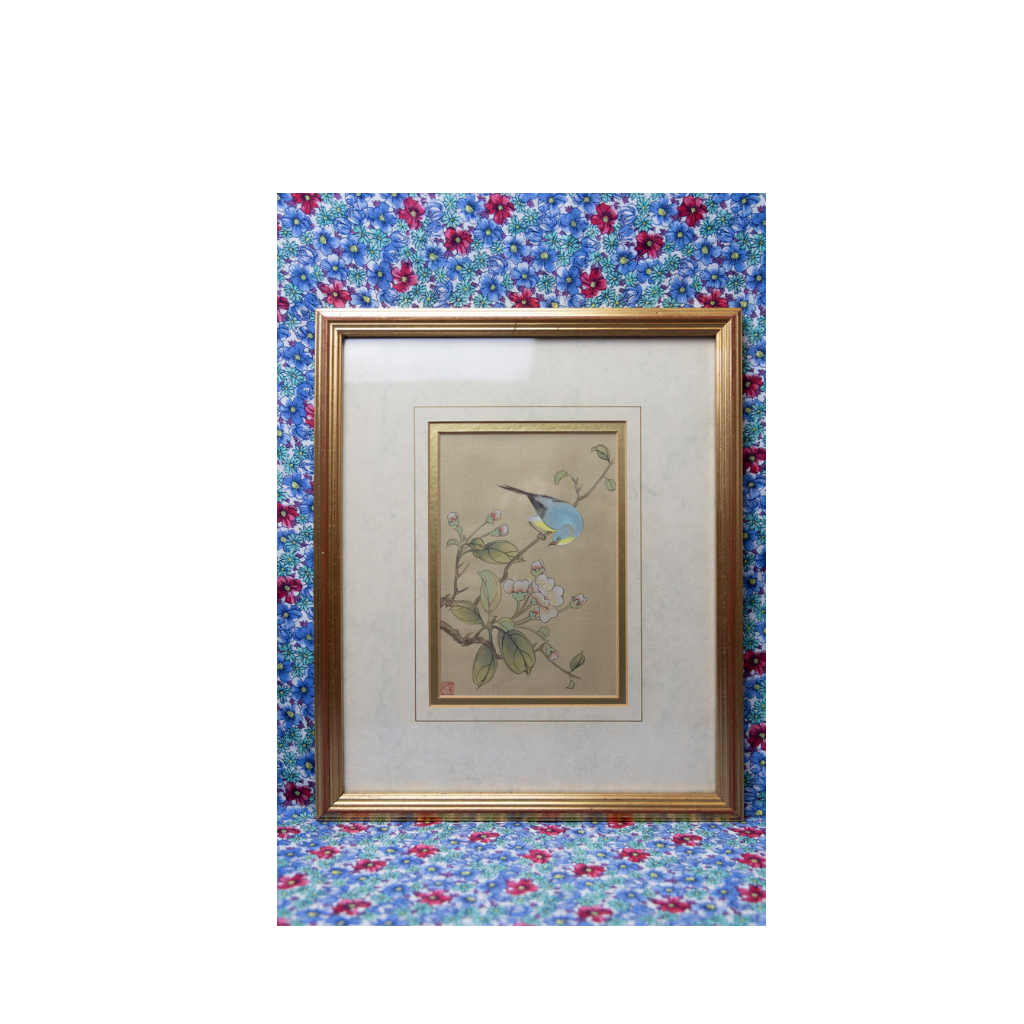 Vintage Cherry Blossom and Blue Bird Painting: Hand-Painted Oriental Artwork