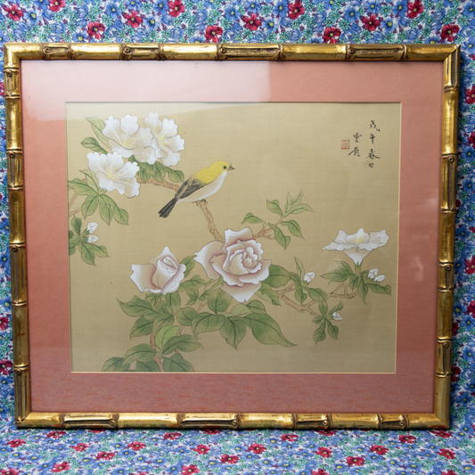 Vintage Oriental Silk Painting: Pink Flowers and Yellow Bird in Golden Bamboo Frame