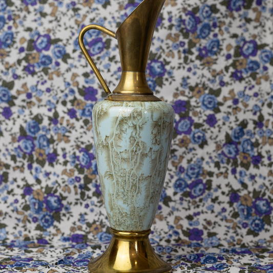 Vintage Delft Mottled Blue and Brass Pitcher: 1950s Ewer from Holland