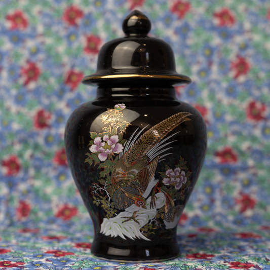 Vintage Porcelain Pheasant and Flowers Lidded Ginger Jar