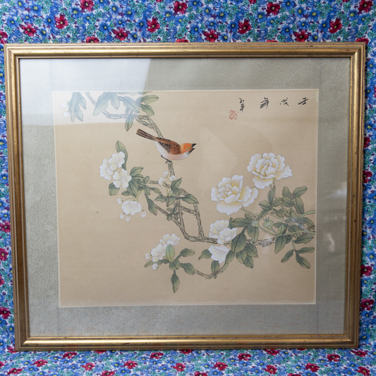 Vintage Japanese Sparrow Painting: Hand-Painted Oriental Artwork