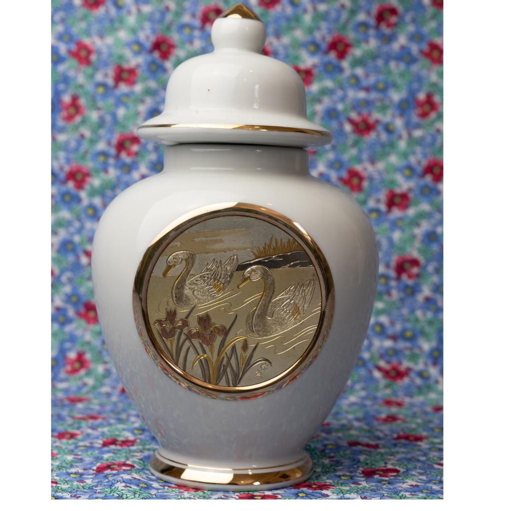 Vintage The Art of Chokin Swan Ginger Jar: 24k Gold Edging