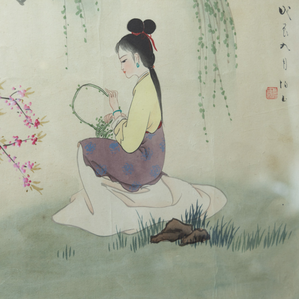 Vintage Geisha Painting: Hand-Painted Oriental Artwork