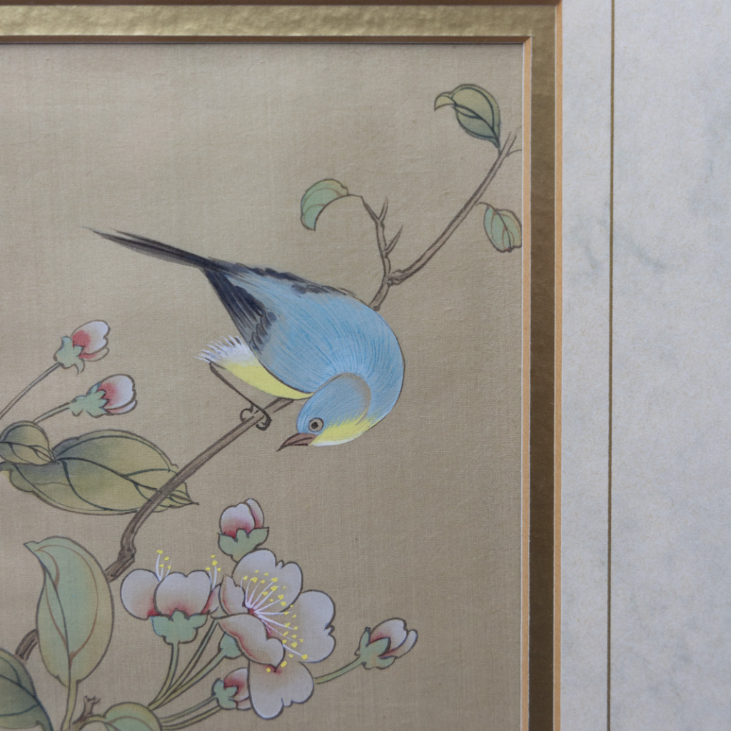 Vintage Cherry Blossom and Blue Bird Painting: Hand-Painted Oriental Artwork