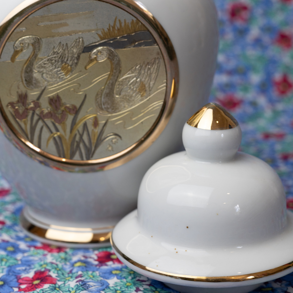 Vintage The Art of Chokin Swan Ginger Jar: 24k Gold Edging