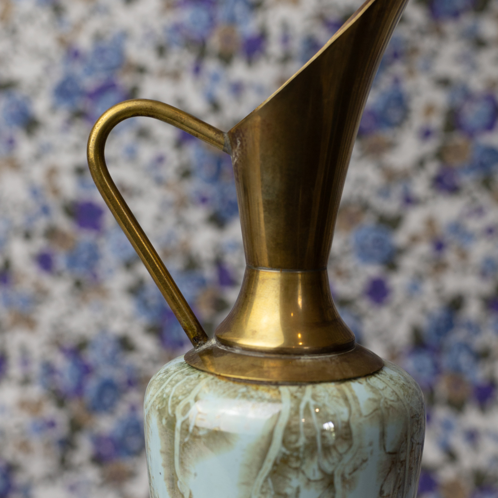 Vintage Delft Mottled Blue and Brass Pitcher: 1950s Ewer from Holland