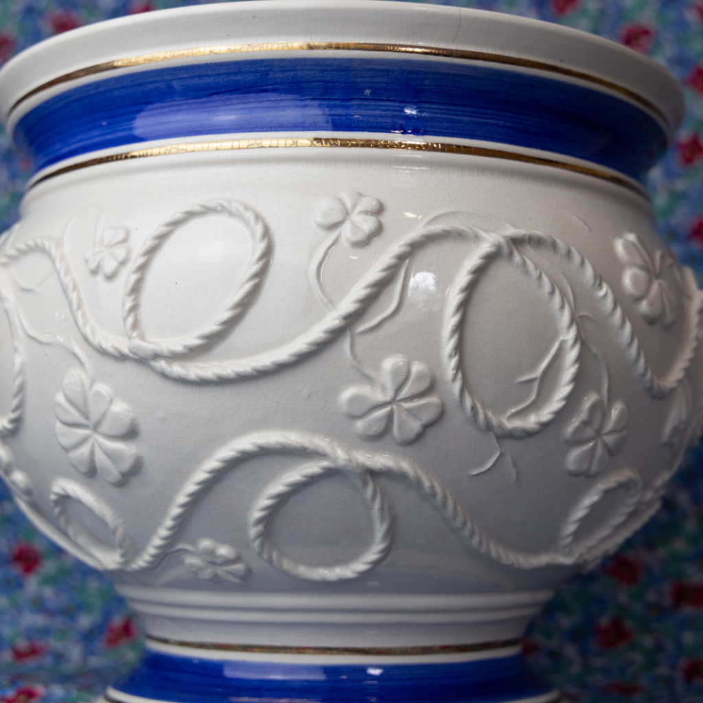 Vintage Blue and White Planter: Large Ceramic Flowerpot