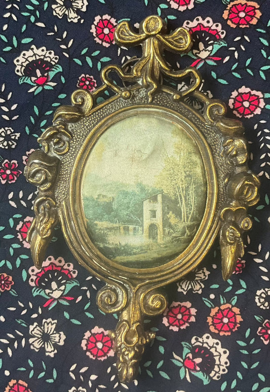 Vintage Italian Brass Framed Countryside Picture: Miniature Ornate Fabric Art