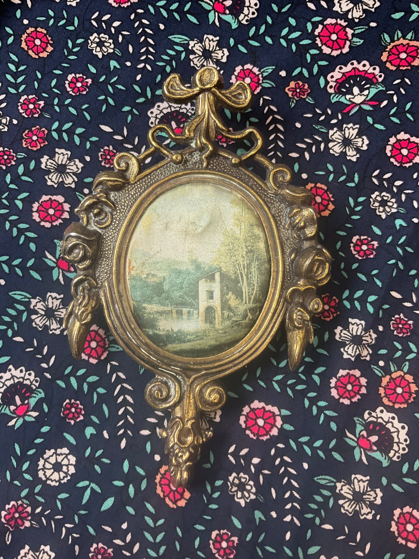 Vintage Italian Brass Framed Countryside Picture: Miniature Ornate Fabric Art