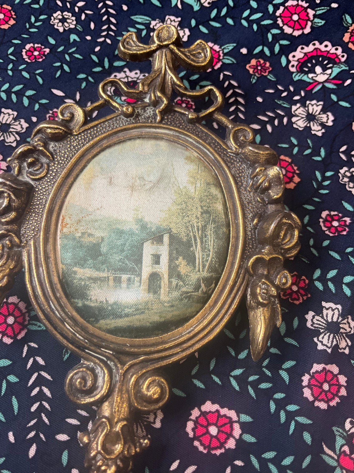 Vintage Italian Brass Framed Countryside Picture: Miniature Ornate Fabric Art