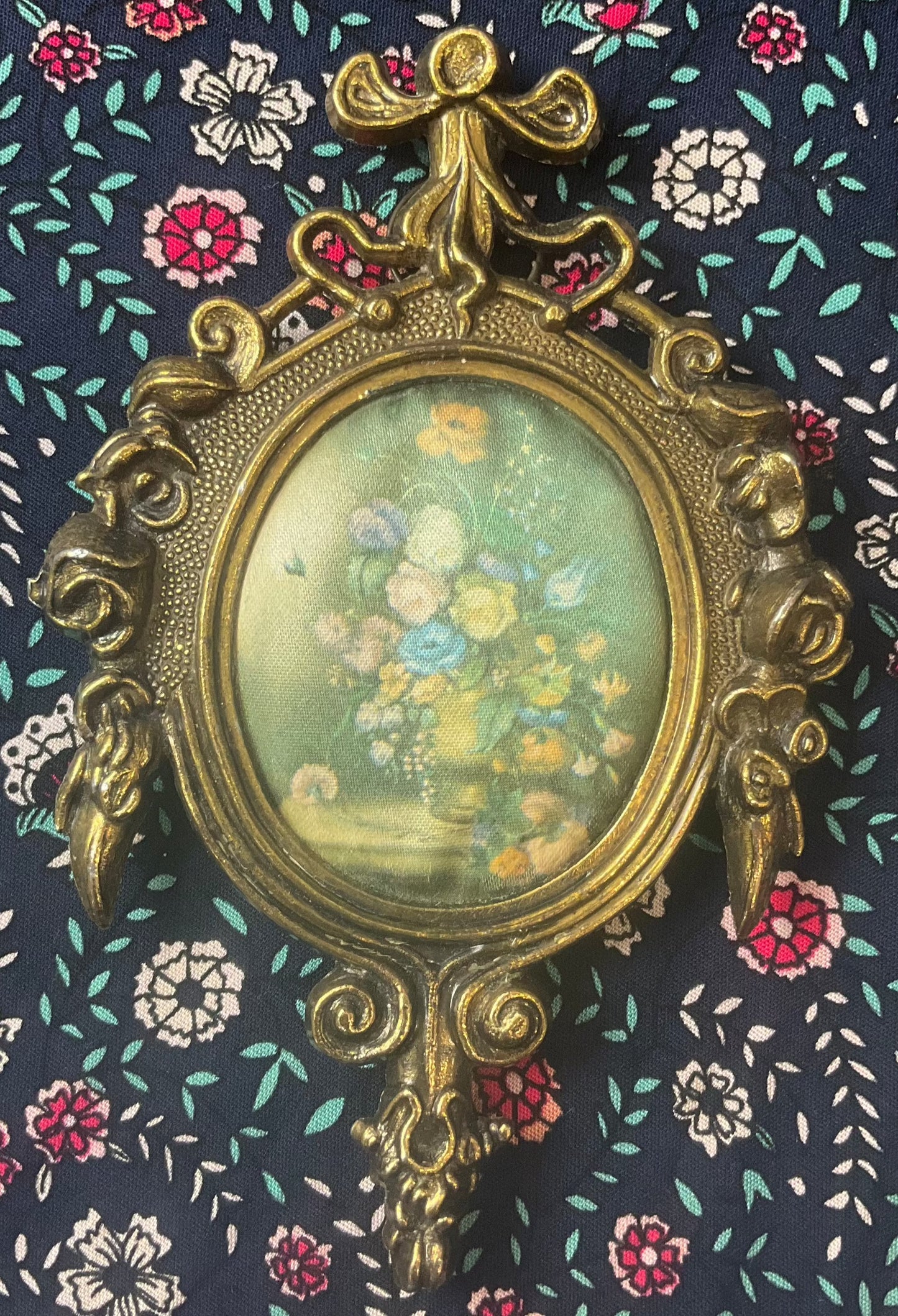 Vintage Italian Brass Framed Floral Picture: Miniature Ornate Fabric Art