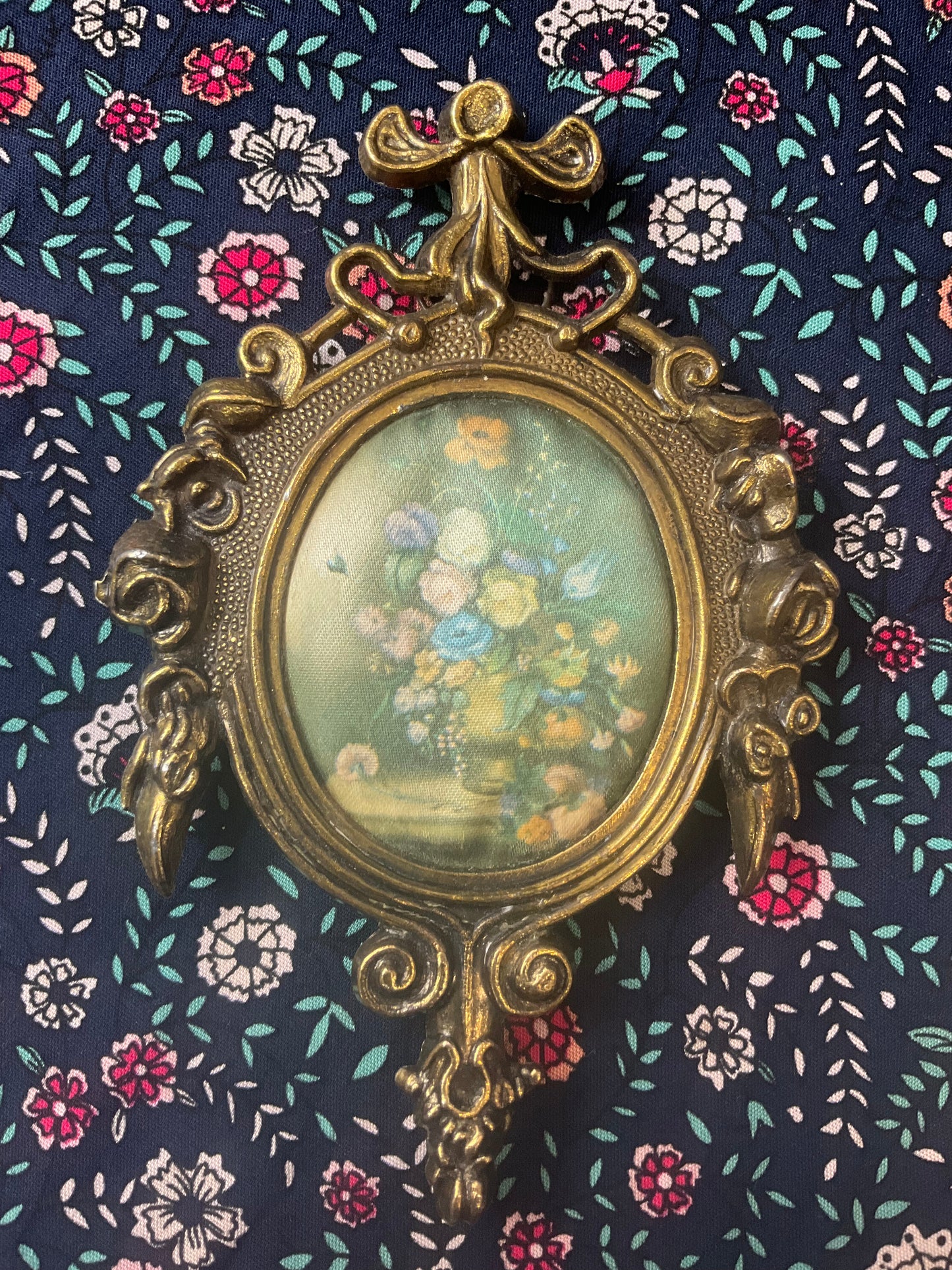 Vintage Italian Brass Framed Floral Picture: Miniature Ornate Fabric Art