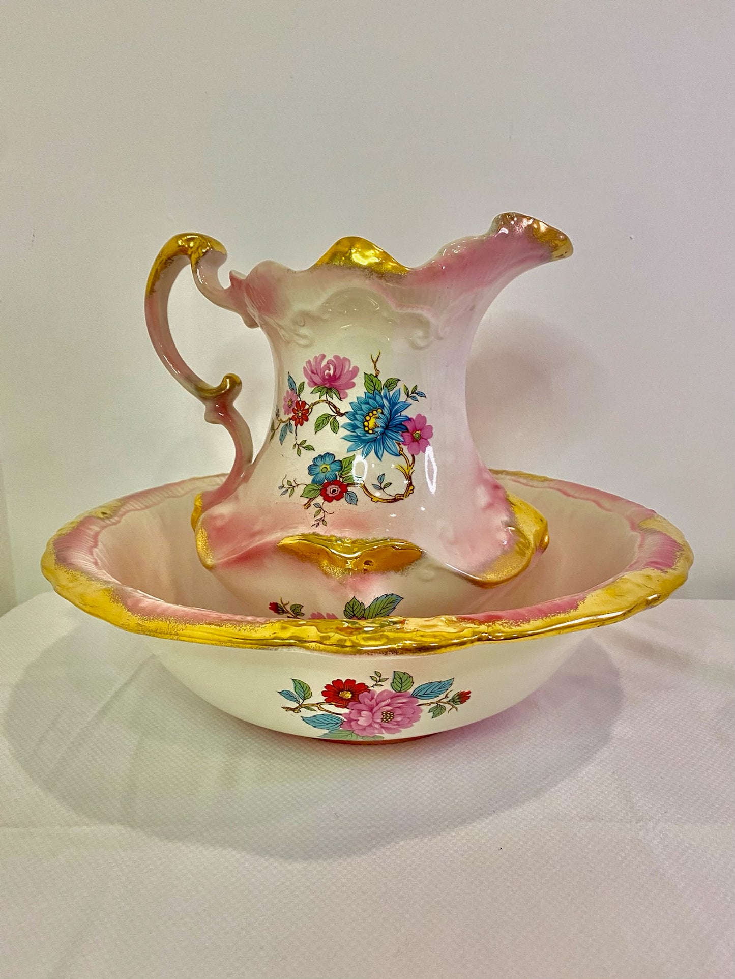 Vintage Lustreware Jug and Bowl Set: Pink and Gold Victorian Style