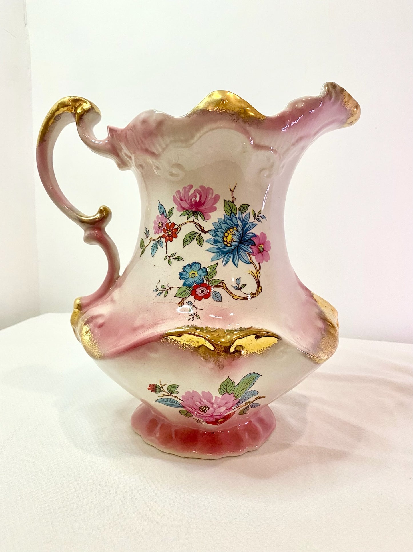 Vintage Lustreware Jug and Bowl Set: Pink and Gold Victorian Style