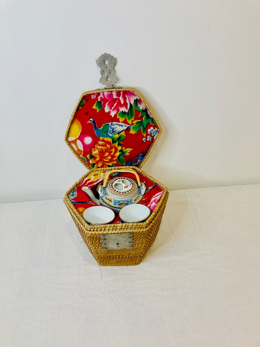 Vintage Oriental Tea Set in Original Basket: Chinese Ceremonial Service