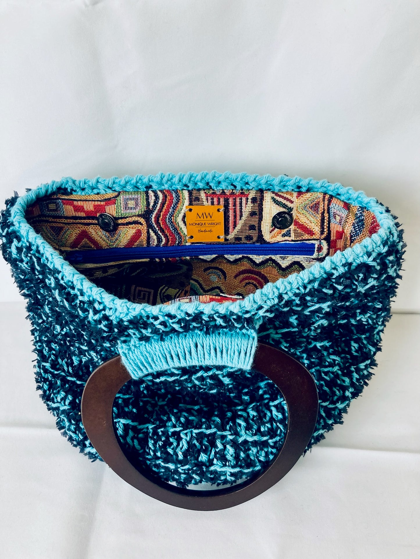 Ame Bucket Tote: Handmade French Crochet Bag in Blue and Black