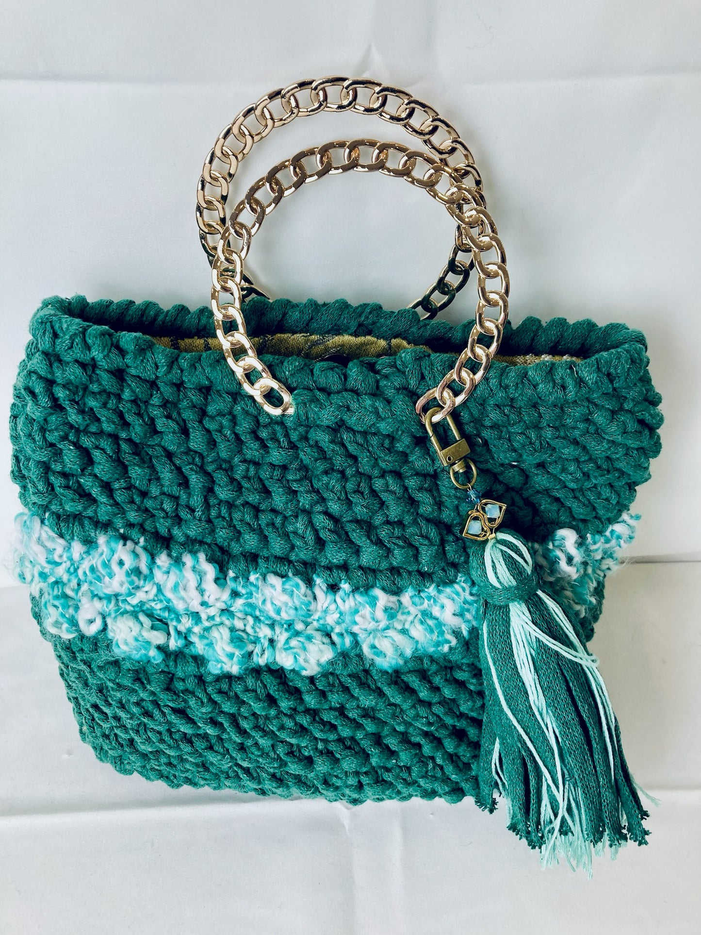 Ame Bucket Tote: Handmade French Crochet Tote Bag in Green with Golden Chain Handle