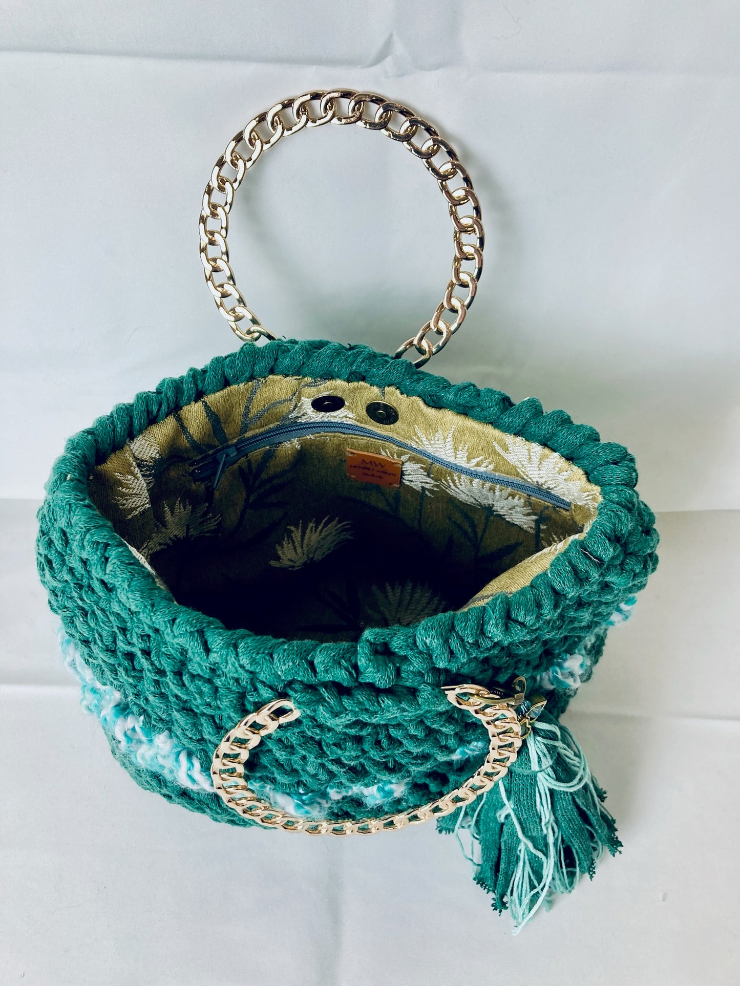 Ame Bucket Tote: Handmade French Crochet Tote Bag in Green with Golden Chain Handle