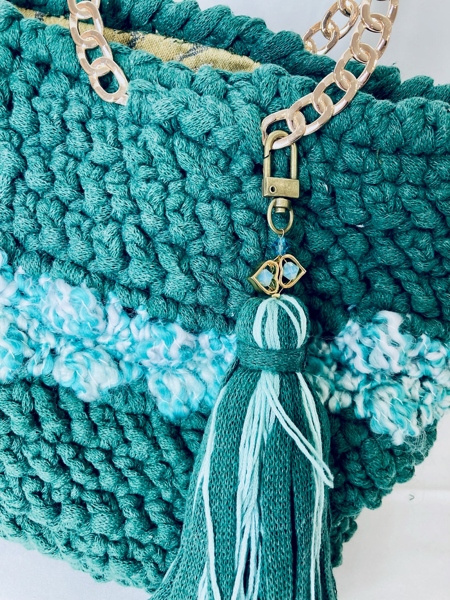 Ame Bucket Tote: Handmade French Crochet Tote Bag in Green with Golden Chain Handle