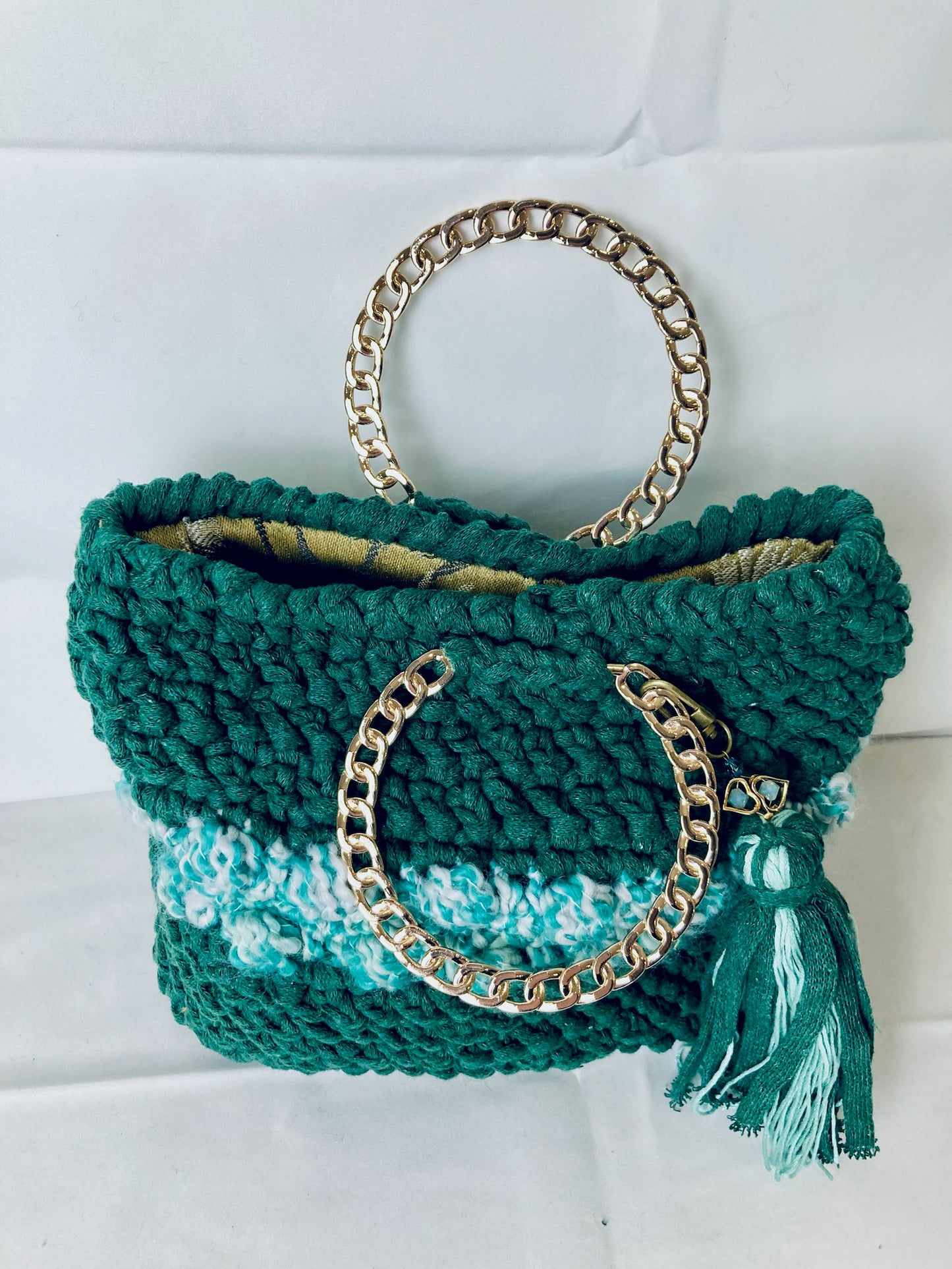 Ame Bucket Tote: Handmade French Crochet Tote Bag in Green with Golden Chain Handle