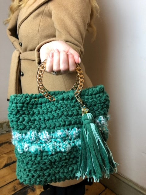 Ame Bucket Tote: Handmade French Crochet Tote Bag in Green with Golden Chain Handle