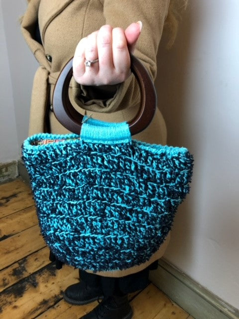 Ame Bucket Tote: Handmade French Crochet Bag in Blue and Black